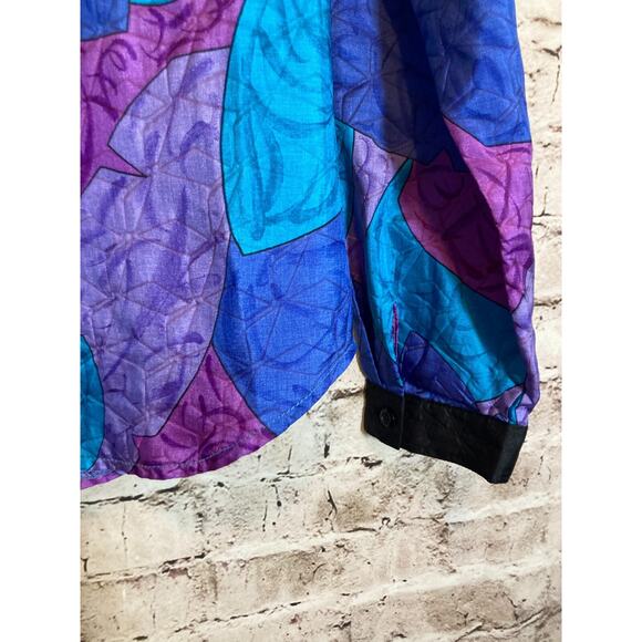 Vintage Bernini Top Womens 14 Cobalt & Purple Leaf Print Satin Button Front 80s - Picture 9 of 15